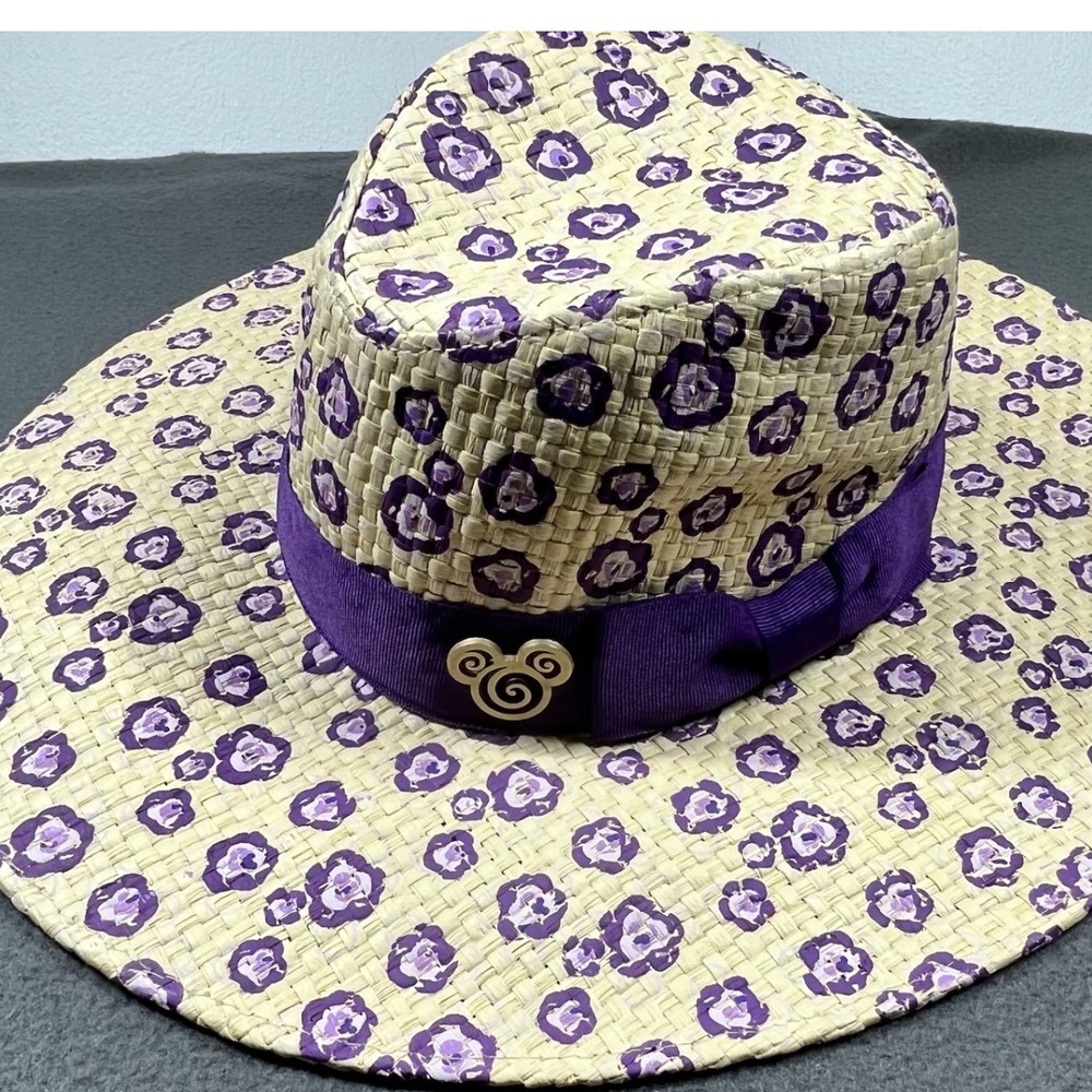 Disney Parks Straw Sun Hat Purple Floral Mickey Mouse Adult 59cm‎